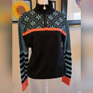 Black Orange Teal Patterned Women's Nordic Style Quarter Zip Wool Blend Sweater